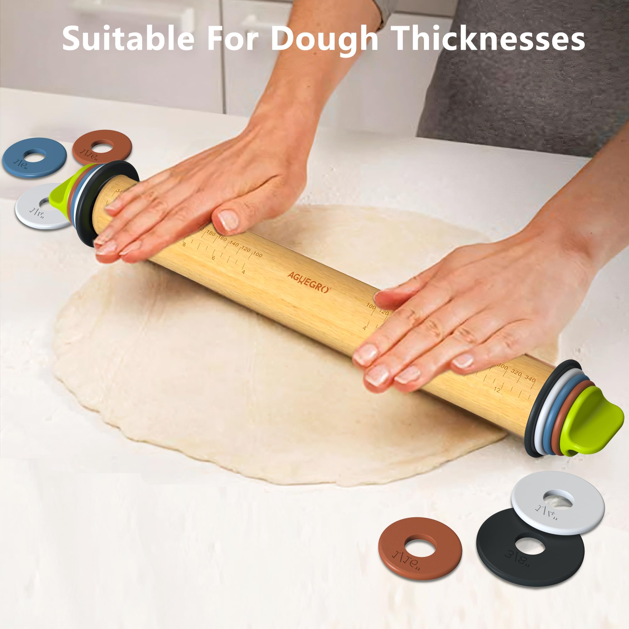 Aguegro rolling pin shows four thickness rings for customizable dough heights