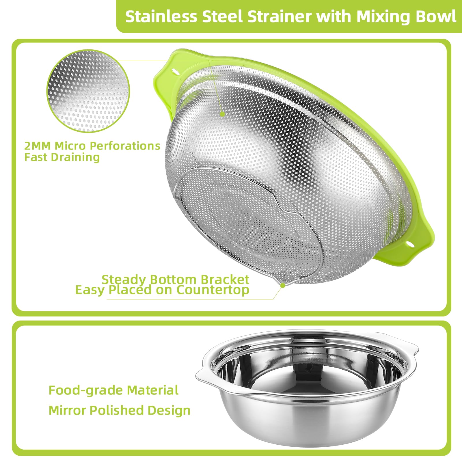 AHIABOAT stainless-steel colander provides durable, rust-free kitchen performance.
