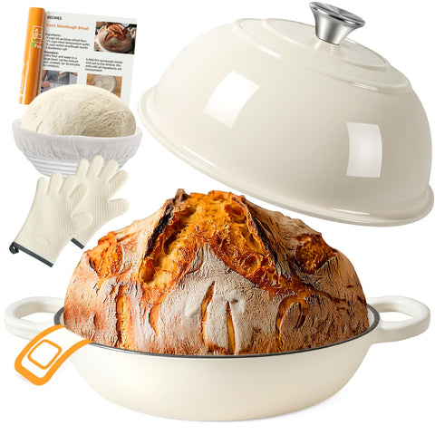 AHJ 6QT Dutch Oven with bread loaf shows even heat for crusty bread.