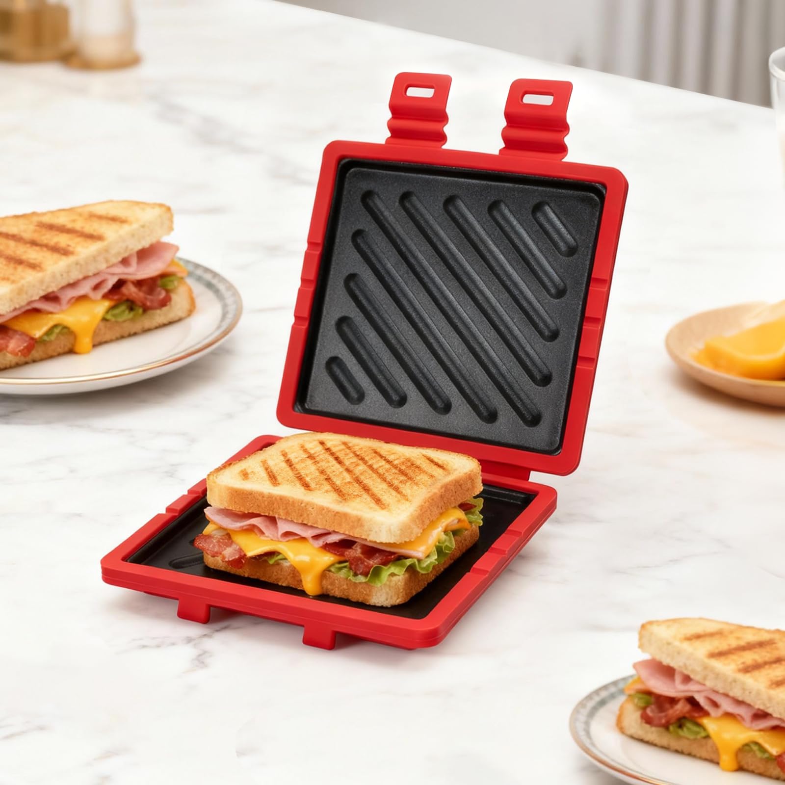 AHJ Microwave Sandwich Maker easy-clean surface saves time.