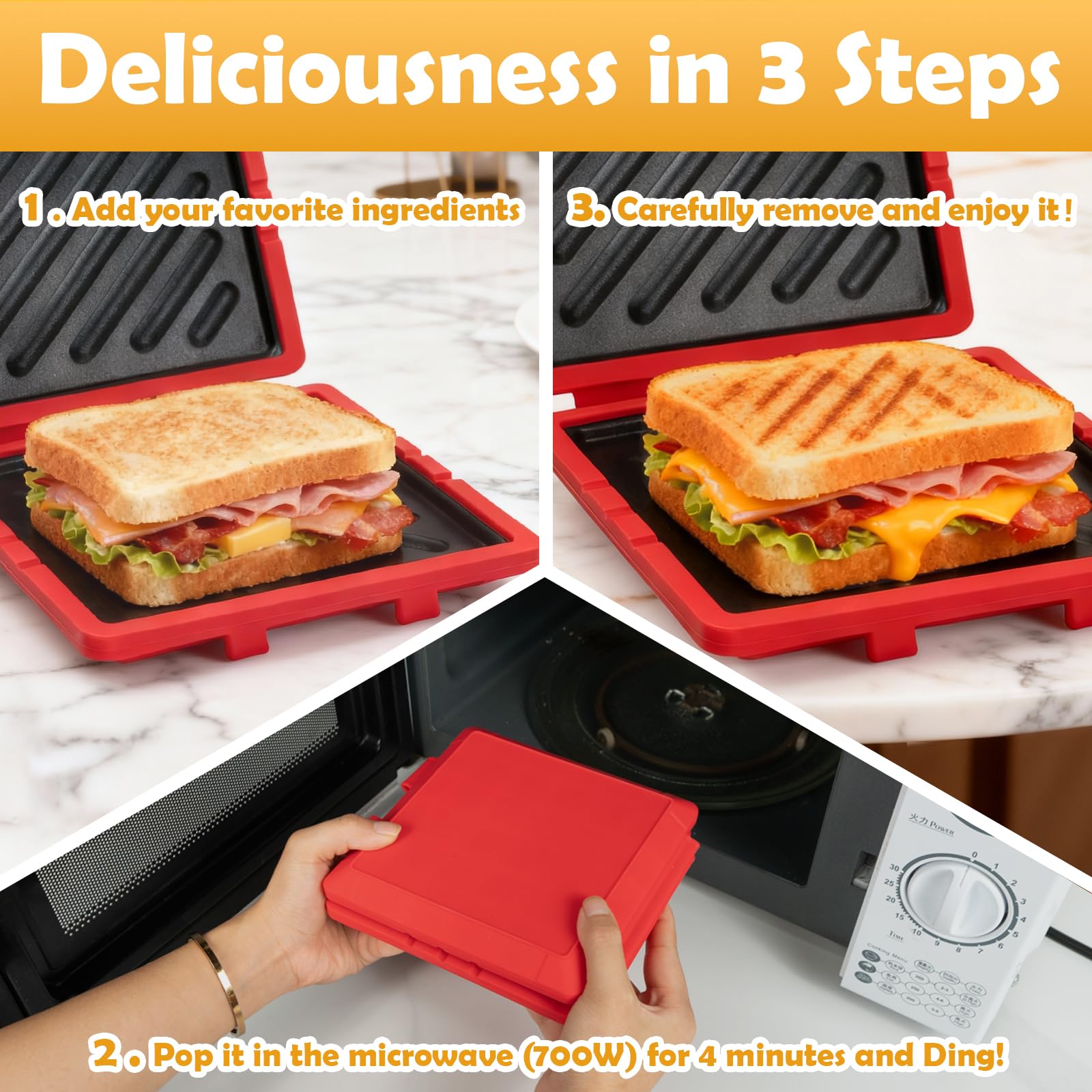AHJ Microwave Sandwich Maker silicone handle stays cool during use.