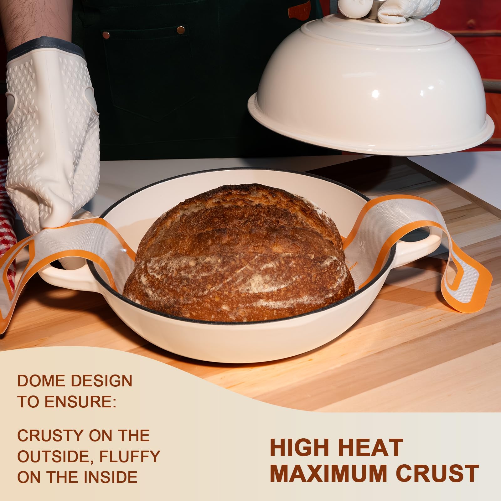 AHJ silicone bread sling safely lifts hot loaves from the pot.