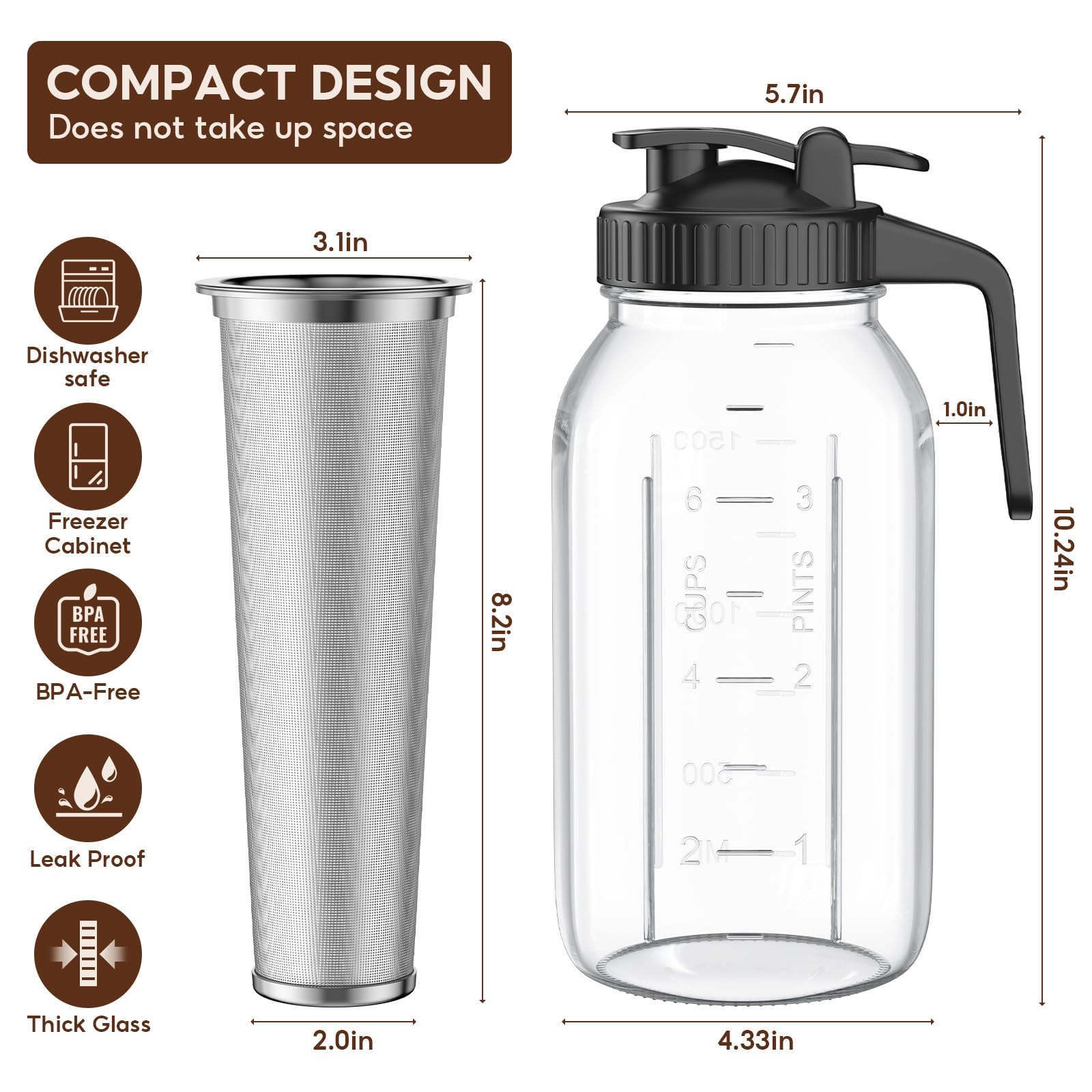 AHOMSEL thick glass jar with BPA-free lid ready for iced coffee and tea.