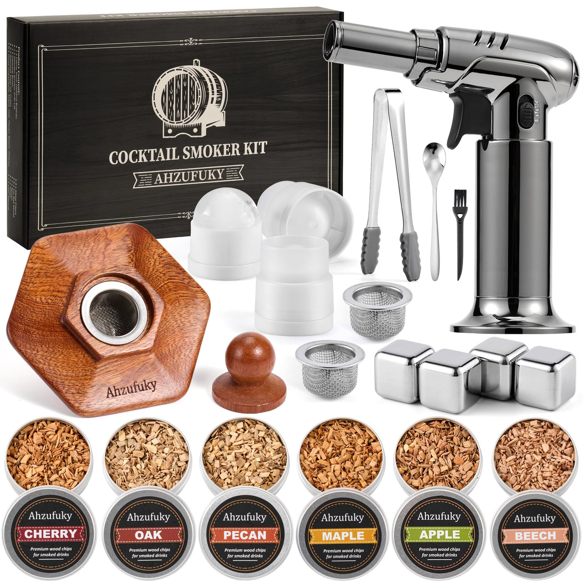 Ahzufuky whiskey smoker kit torch for bar-quality smoked cocktails at home.