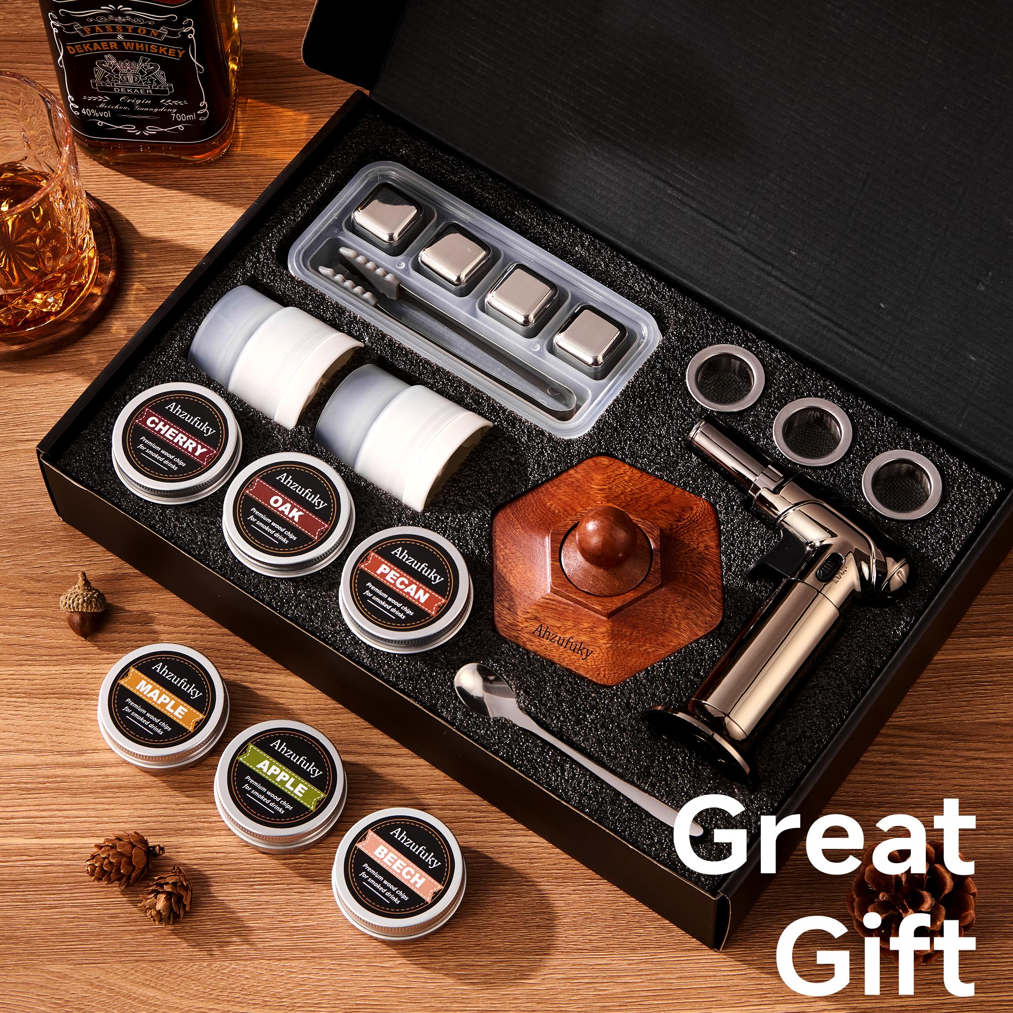 Ahzufuky wood chips collection adds nuanced smoke for whiskey, bourbon, and cocktails.