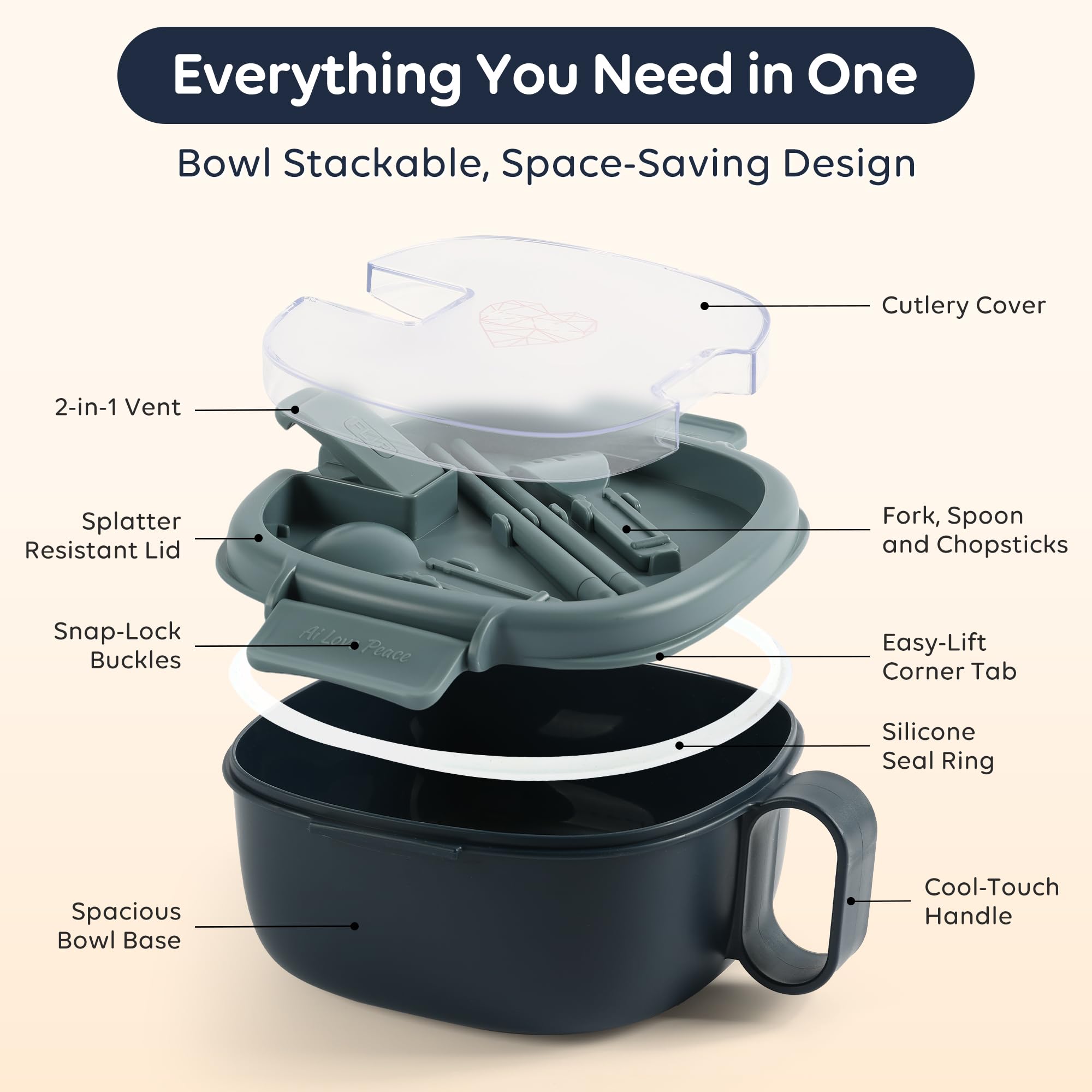 AI LOVE PEACE freezer-safe ramen bowl preserves meals and leftovers