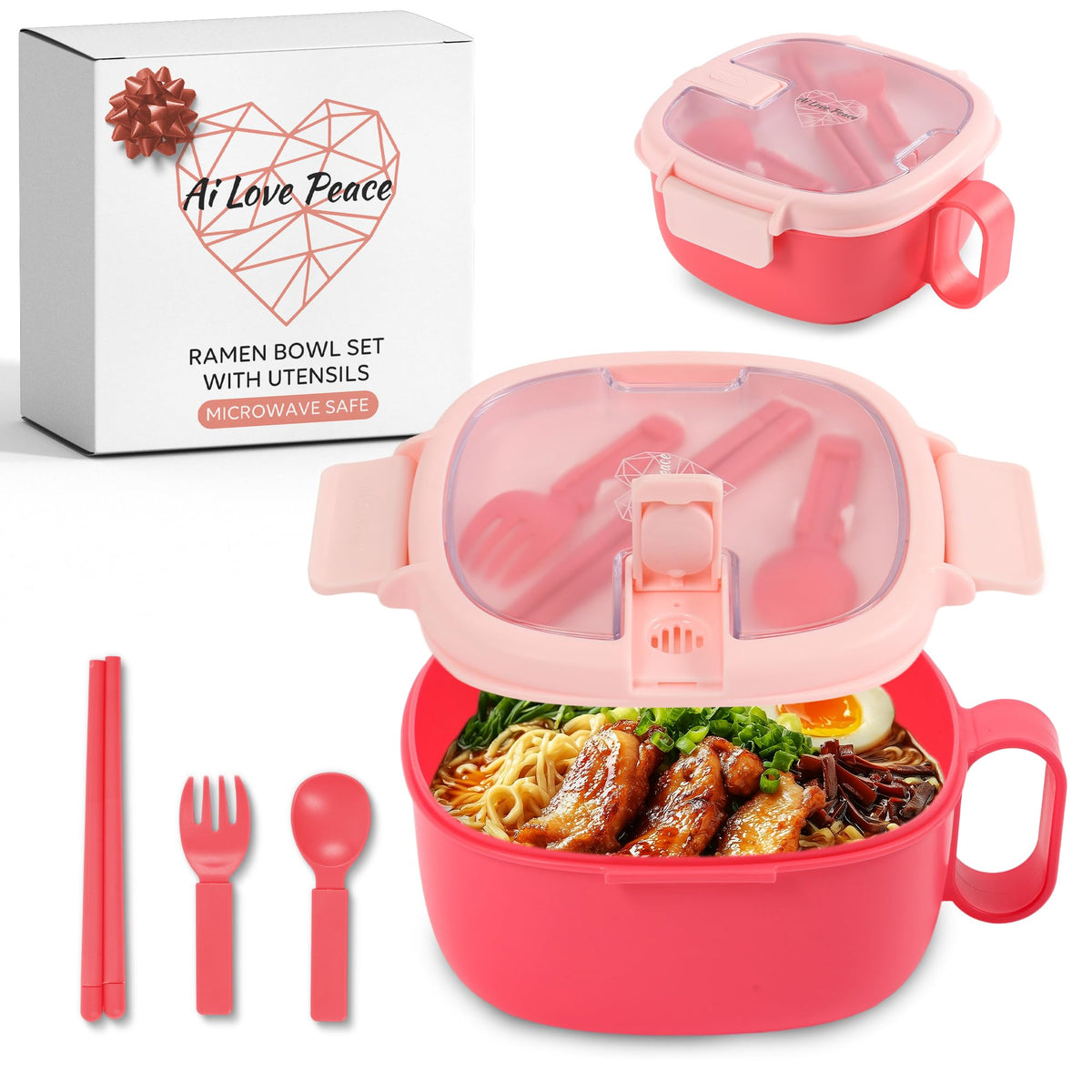 AI LOVE PEACE ramen bowl with leakproof lid showing mess-free reheating