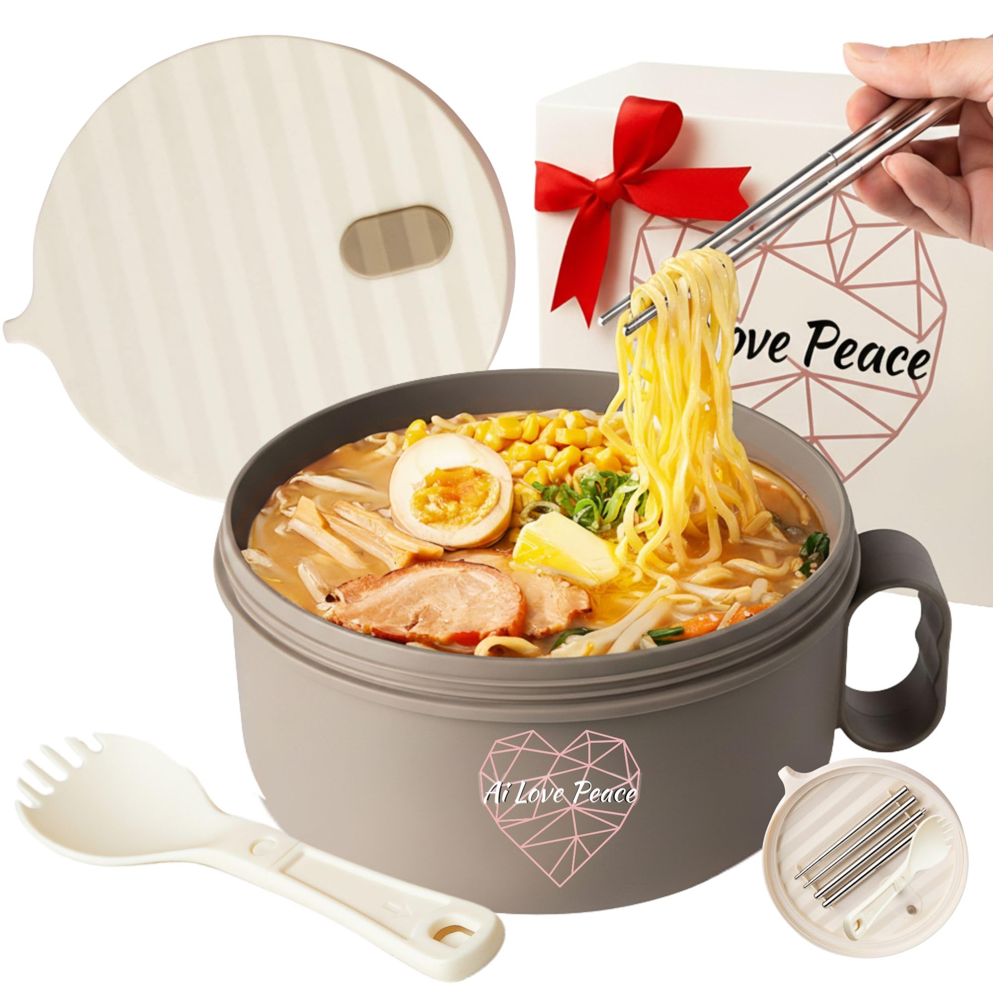 AI LOVE PEACE ramen bowl front view highlights 40 oz capacity for quick meals.