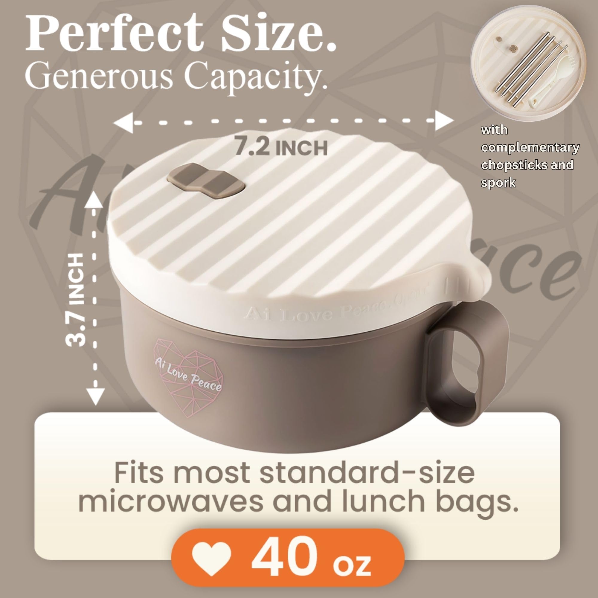 AI LOVE PEACE ramen bowl twist-lock lid seals to prevent spills during travel.