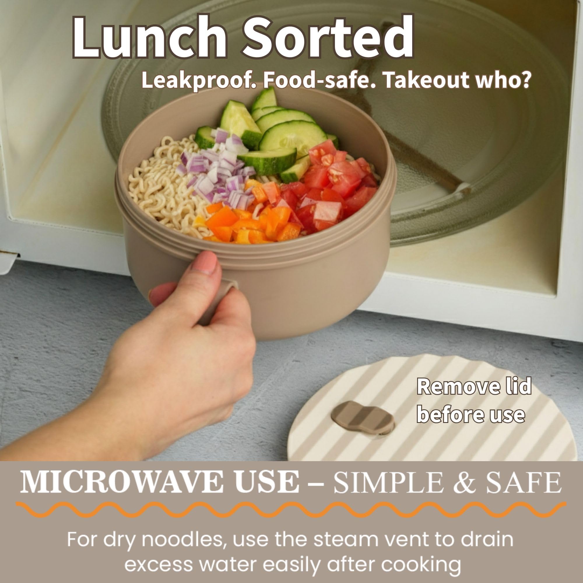 AI LOVE PEACE ramen bowl steaming with lid off shows easy access to noodles.