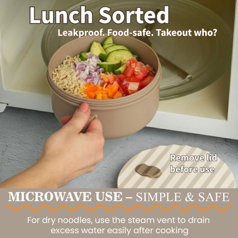 AI LOVE PEACE ramen bowl steaming with lid off shows easy access to noodles.