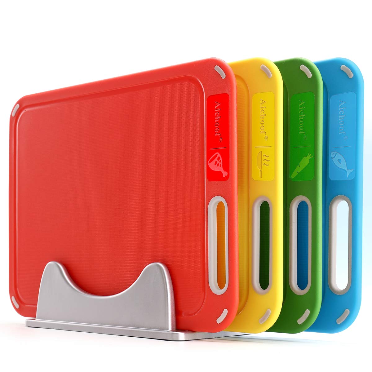 Aichoof red cutting board with meat icon for meat prep.