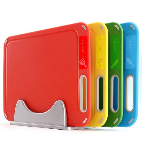 Aichoof red cutting board with meat icon for meat prep.