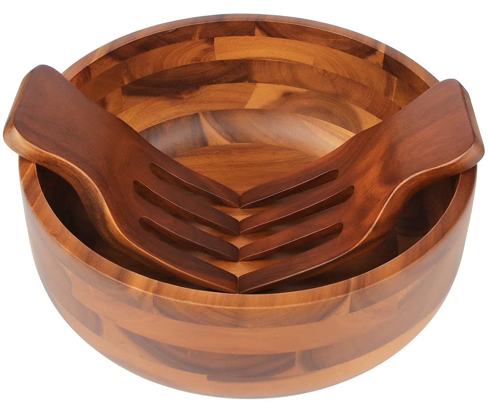Aidema Cookware AIDEA Acacia Wood Salad Bowl Set with 2 Wooden Hands — Large 11-inch D ...