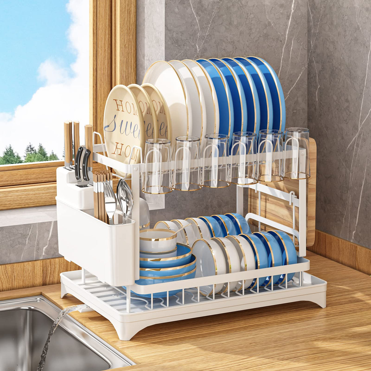 AIDERLY two-tier dish drying rack in iron finish keeps counters organized