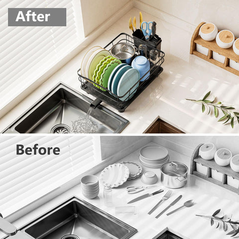 AIDERLY Iron Dish Drying Rack with an all-black finish for modern kitchens.