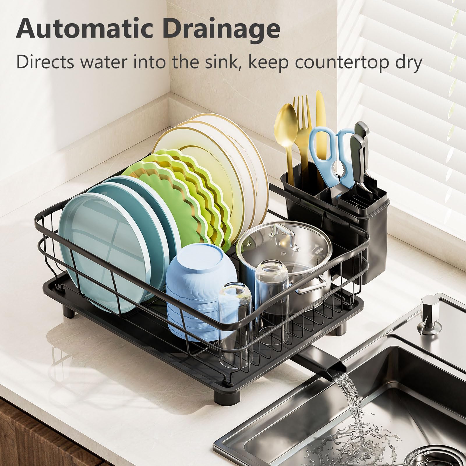 AIDERLY Dish Drying Rack showing the drainage tray design and water channel.