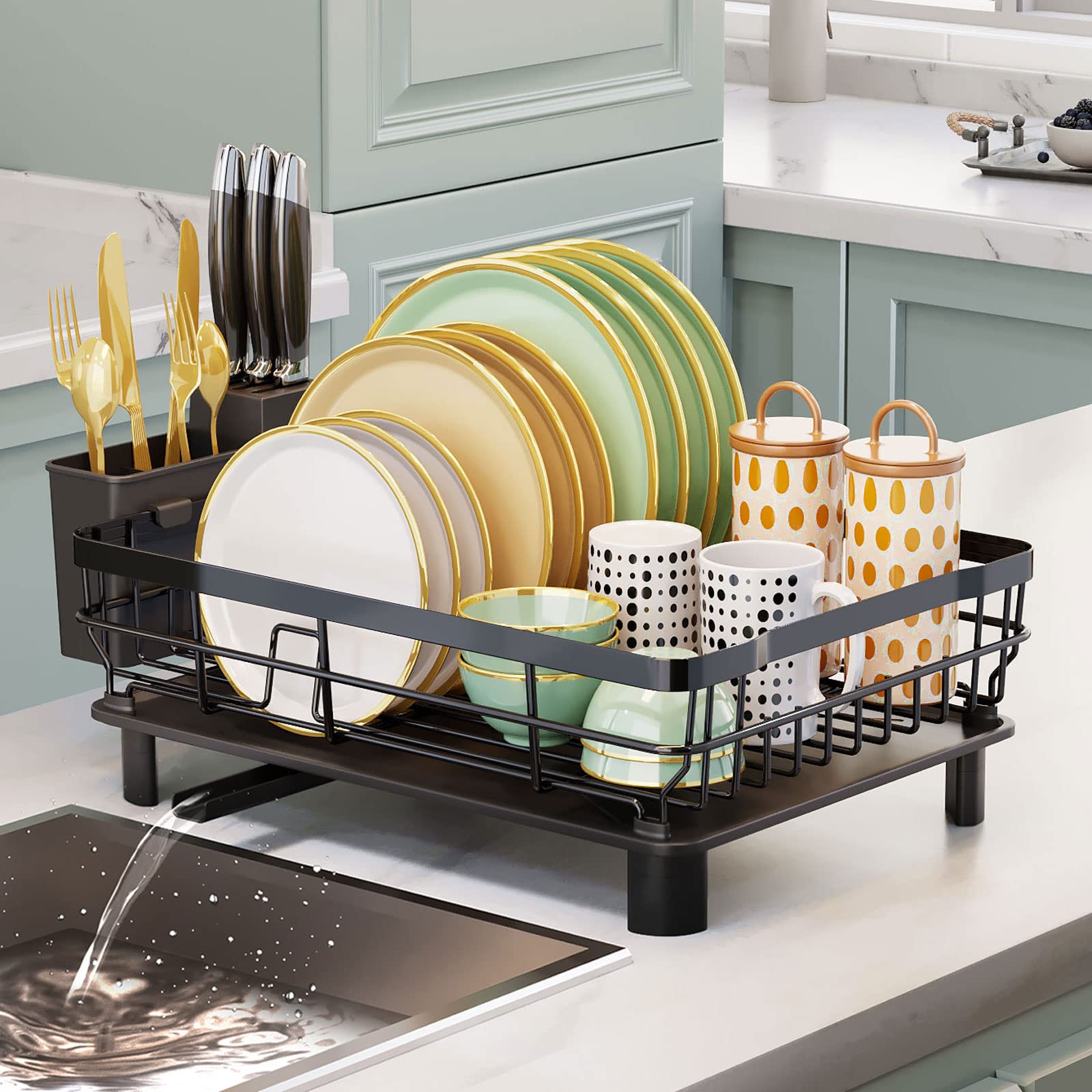 AIDERLY iron dish drying rack with drainboard on counter for clutter-free drying.