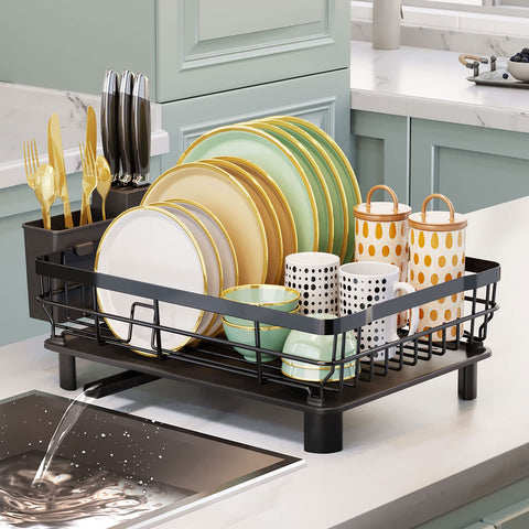 AIDERLY iron dish drying rack with drainboard on counter for clutter-free drying.
