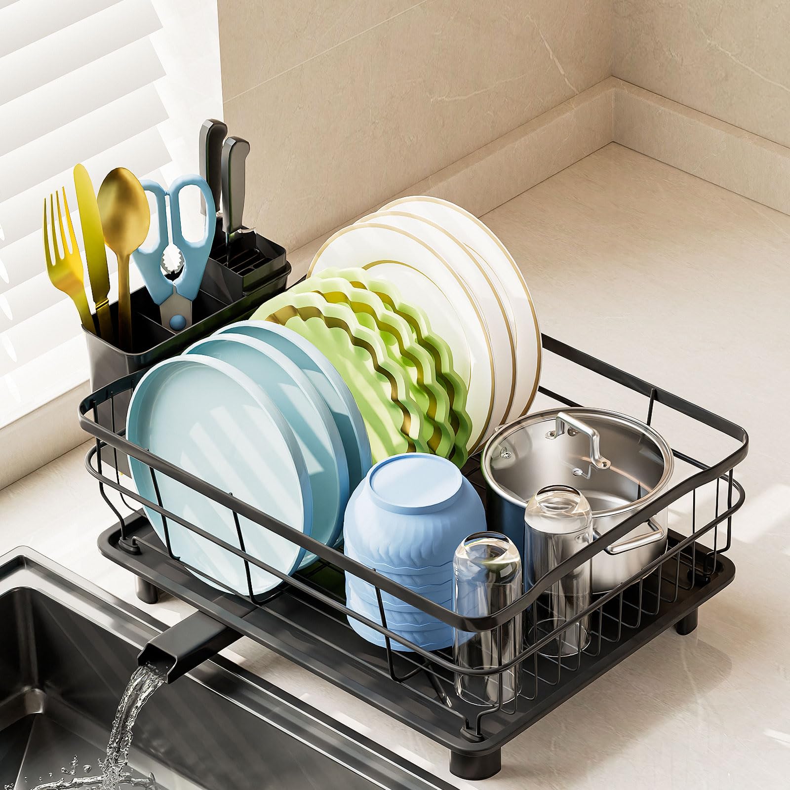 AIDERLY Iron Dish Drying Rack in front view with all-black finish and compact profile.