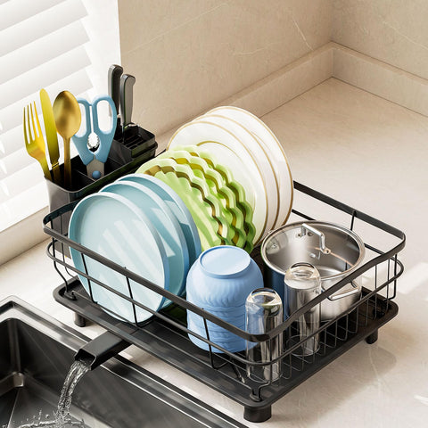 AIDERLY Iron Dish Drying Rack in front view with all-black finish and compact profile.
