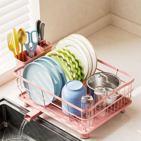 AIDERLY iron dish drying rack pink front view highlights compact counter efficiency