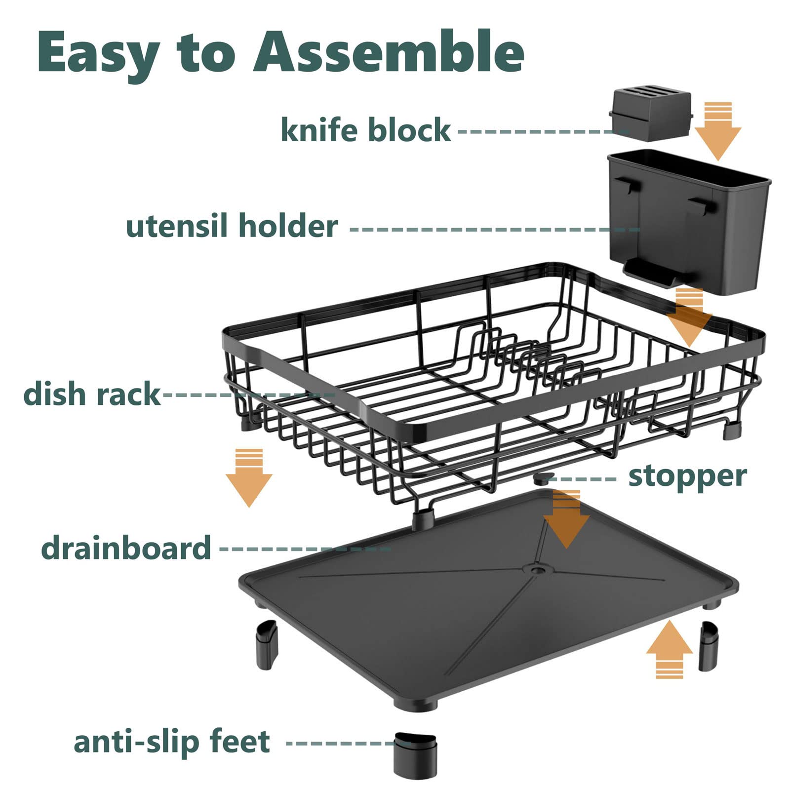 AIDERLY dish rack includes water tray to catch drips.