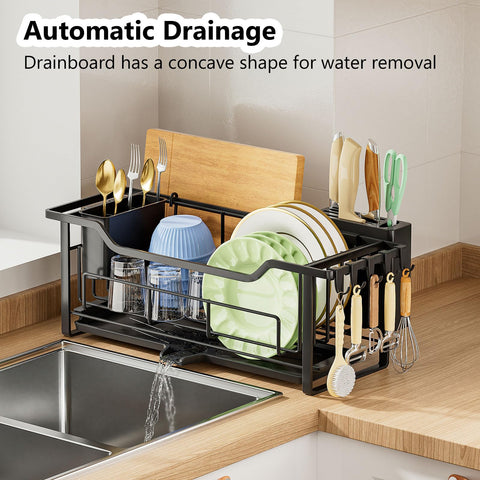 AIDERLY narrow dish rack with drainage tray keeps counters dry after washing.