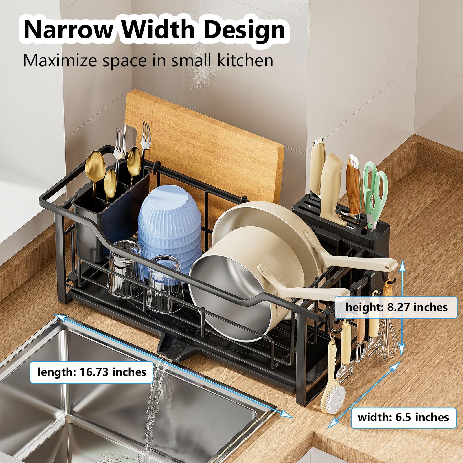 AIDERLY narrow dish rack removable cutlery basket offers flexible placement.