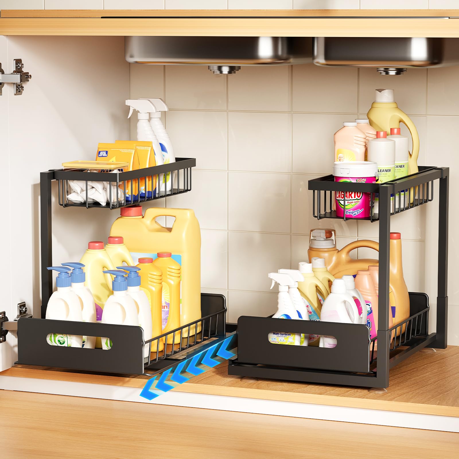 AIDIAM under-sink organizer sliding drawer keeps clutter off the cabinet floor.