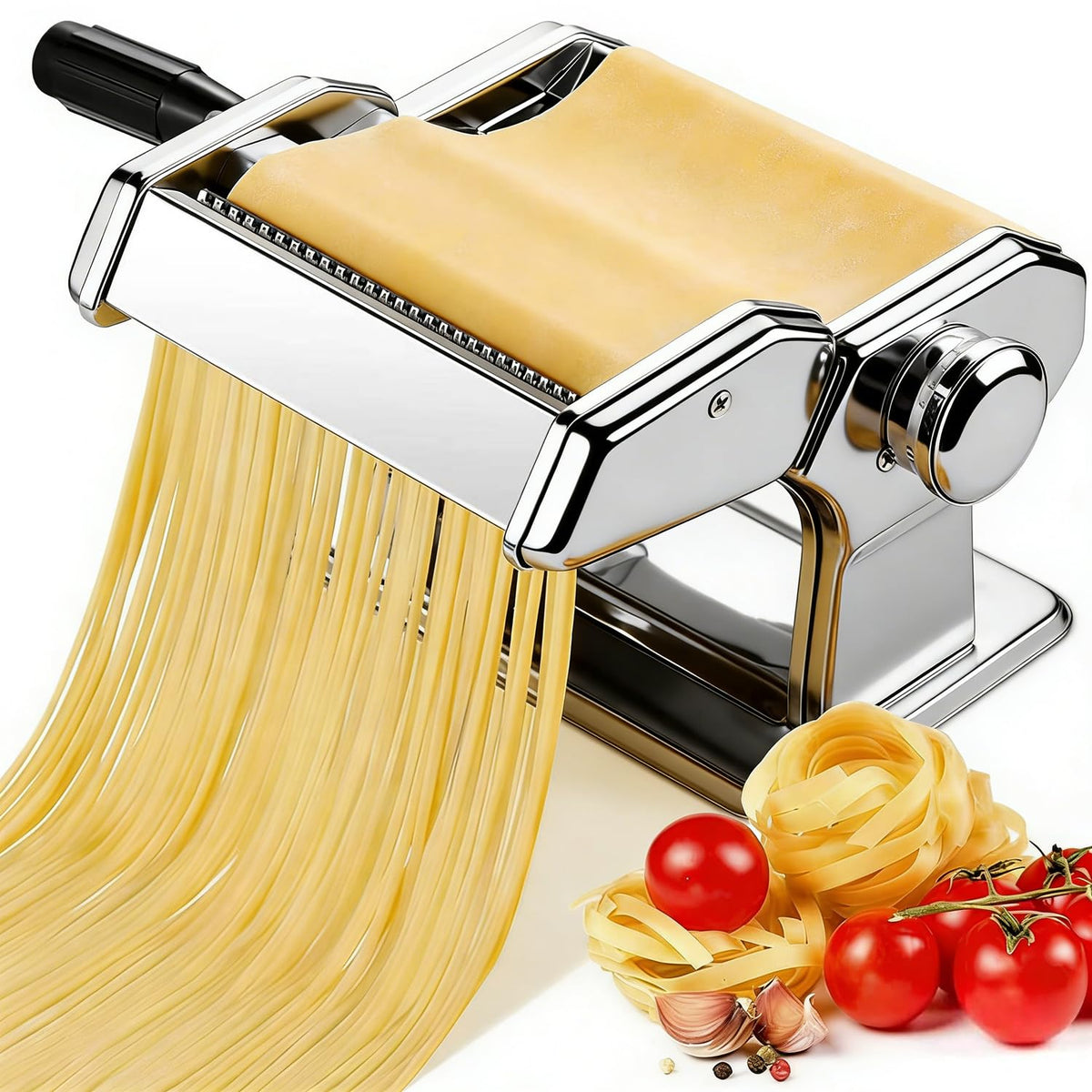 AIDOIT pasta maker roller close-up showing silky dough sheets