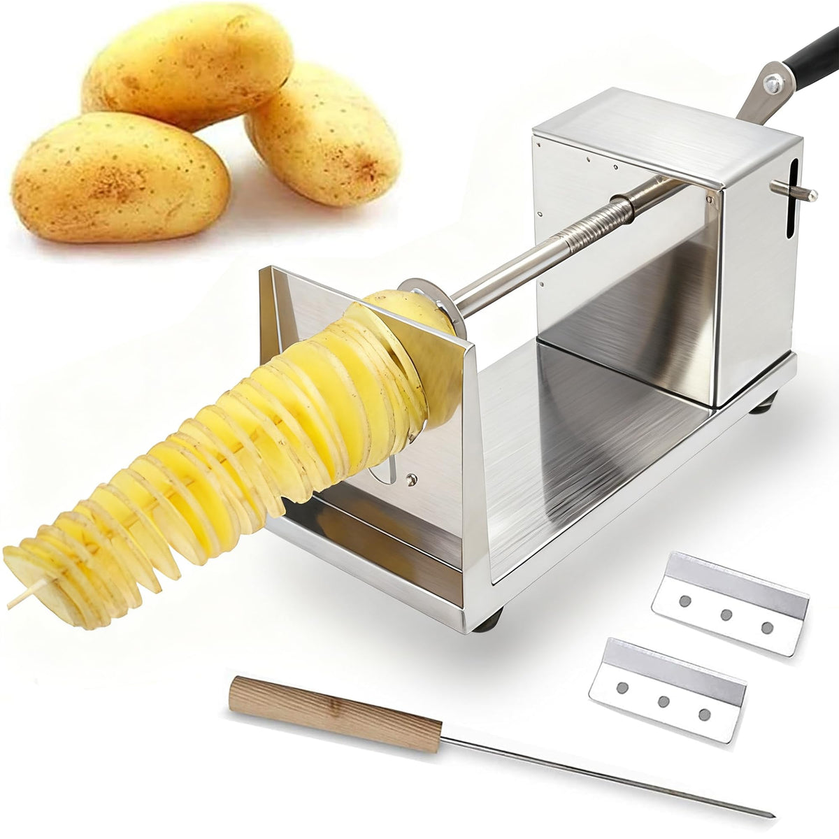 AIDOIT Tornado Potato Cutter assembly demonstrates durable stainless steel parts for reliable spirals.