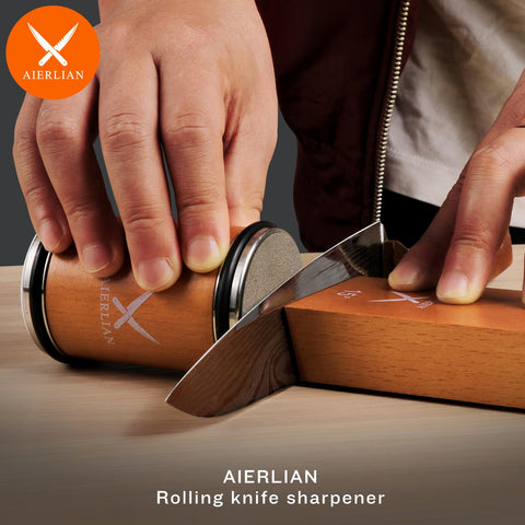 AIERLIAN knife sharpener rolling view with ceramic disc for a polished edge