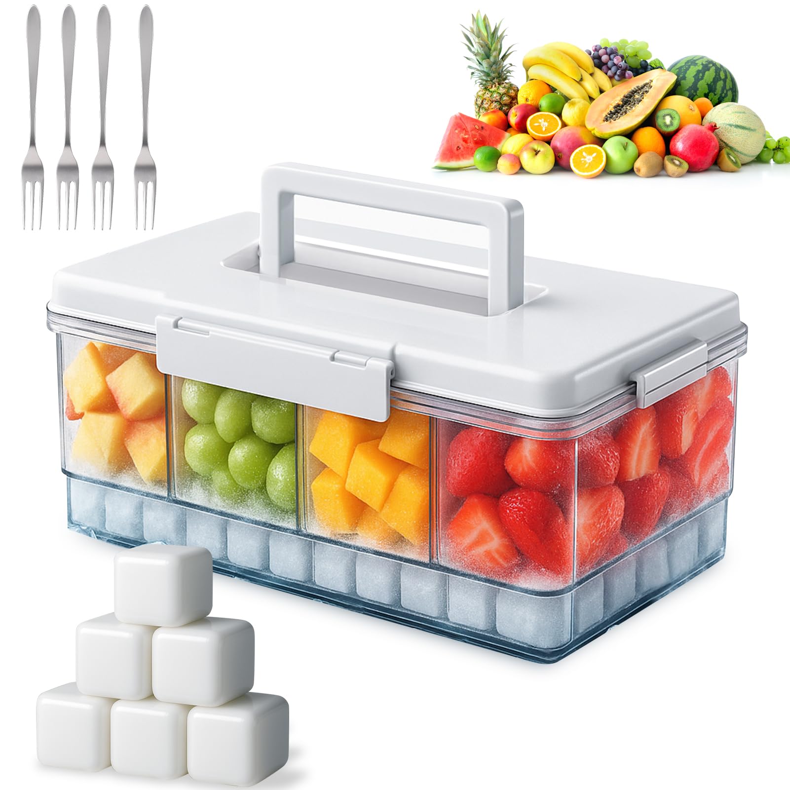AIERSA Snackle Box with ice pack, top view shows four compartments for fresh snacks.