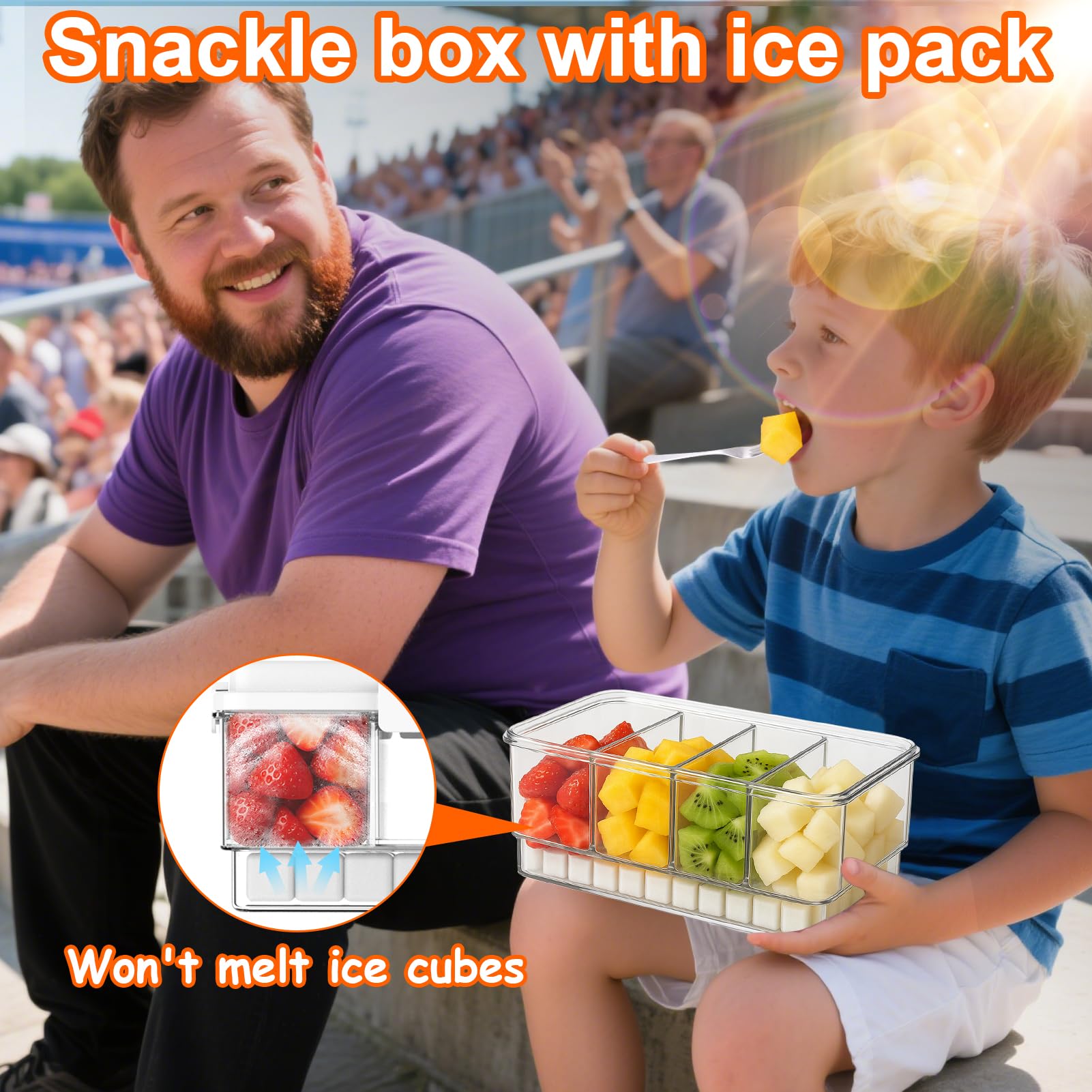 AIERSA Snackle Box open lid reveals built-in ice pack keeps foods cool.