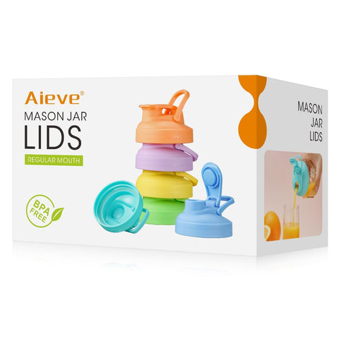 AIEVE 6-pack regular-mouth pour-spout lid with flip top for leak-proof beverages.