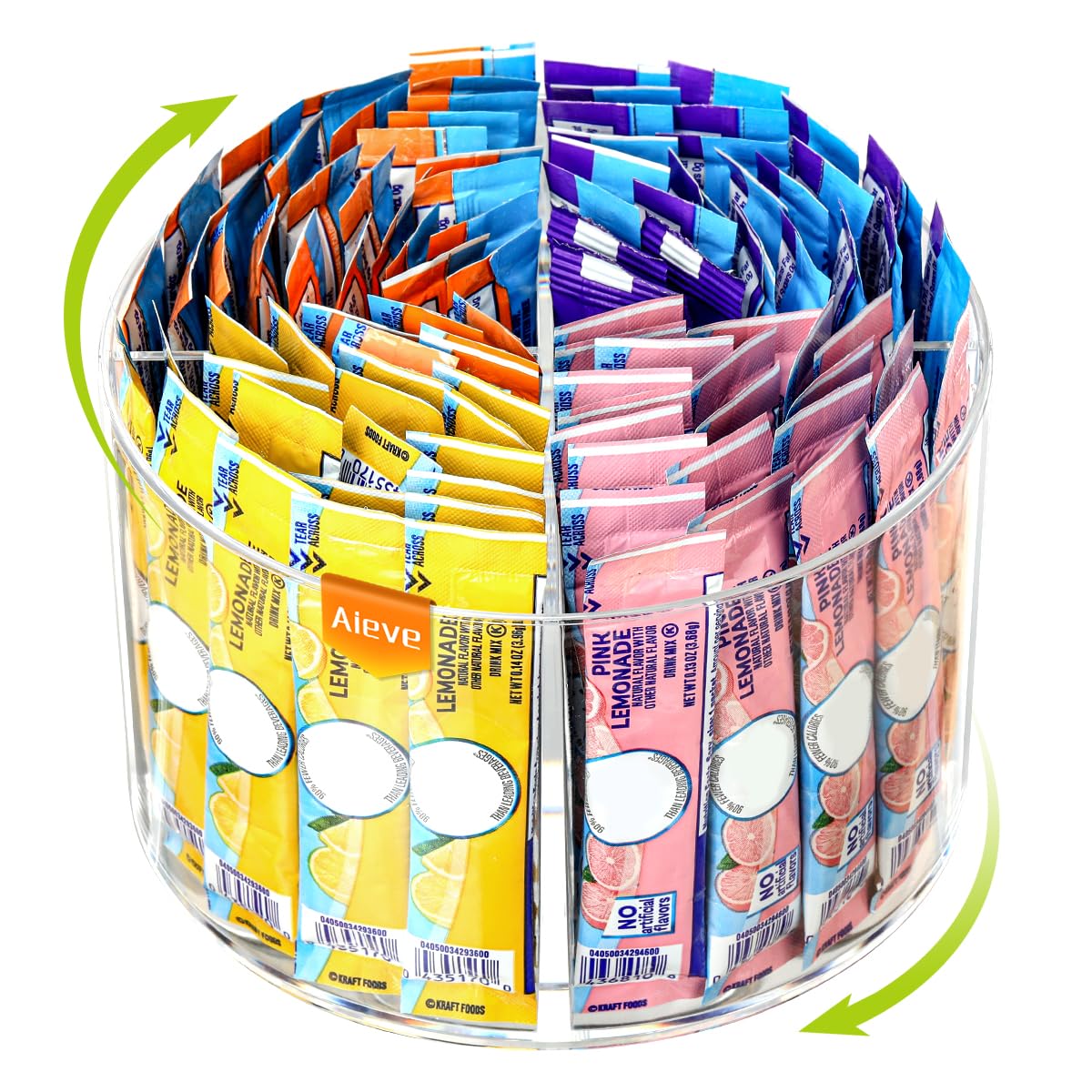 AIEVE drink packet organizer with a 360-degree turntable for quick access to flavors.