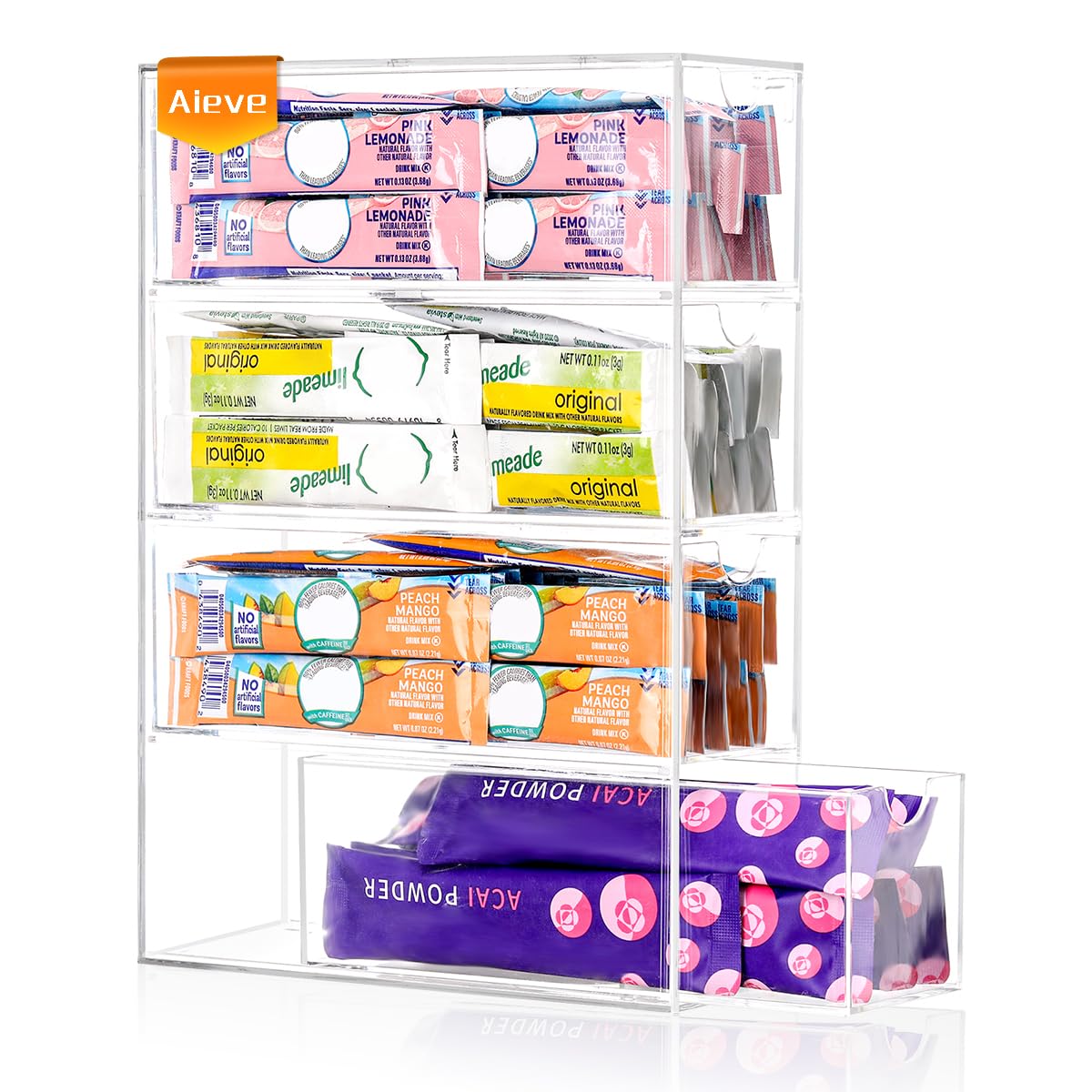 AIEVE drink packet organizer with horizontal drawers offers quick flavor access