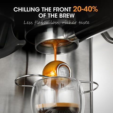 AIEVE espresso cooling ball with stand on a saucer for easy serving.