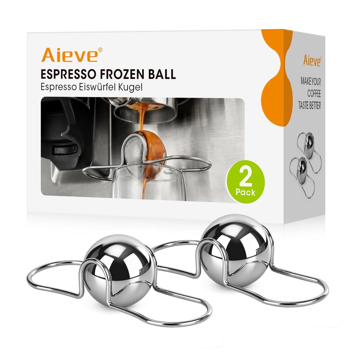AIEVE espresso cooling ball 2-pack resting beside a cup, enhancing flavor with rapid chilling.