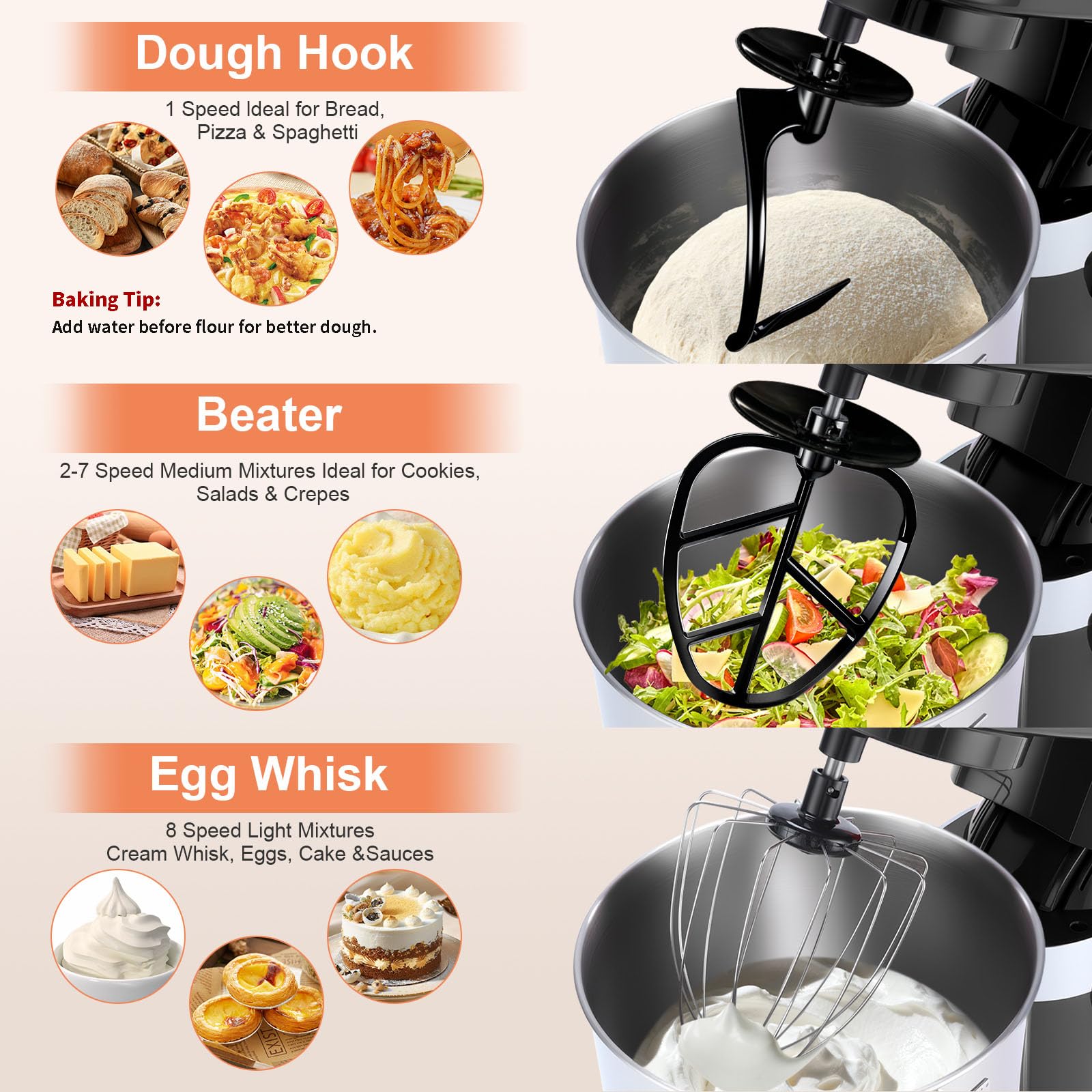 Aifeel attachments dough hook whisk and flat beater ready for versatile cooking
