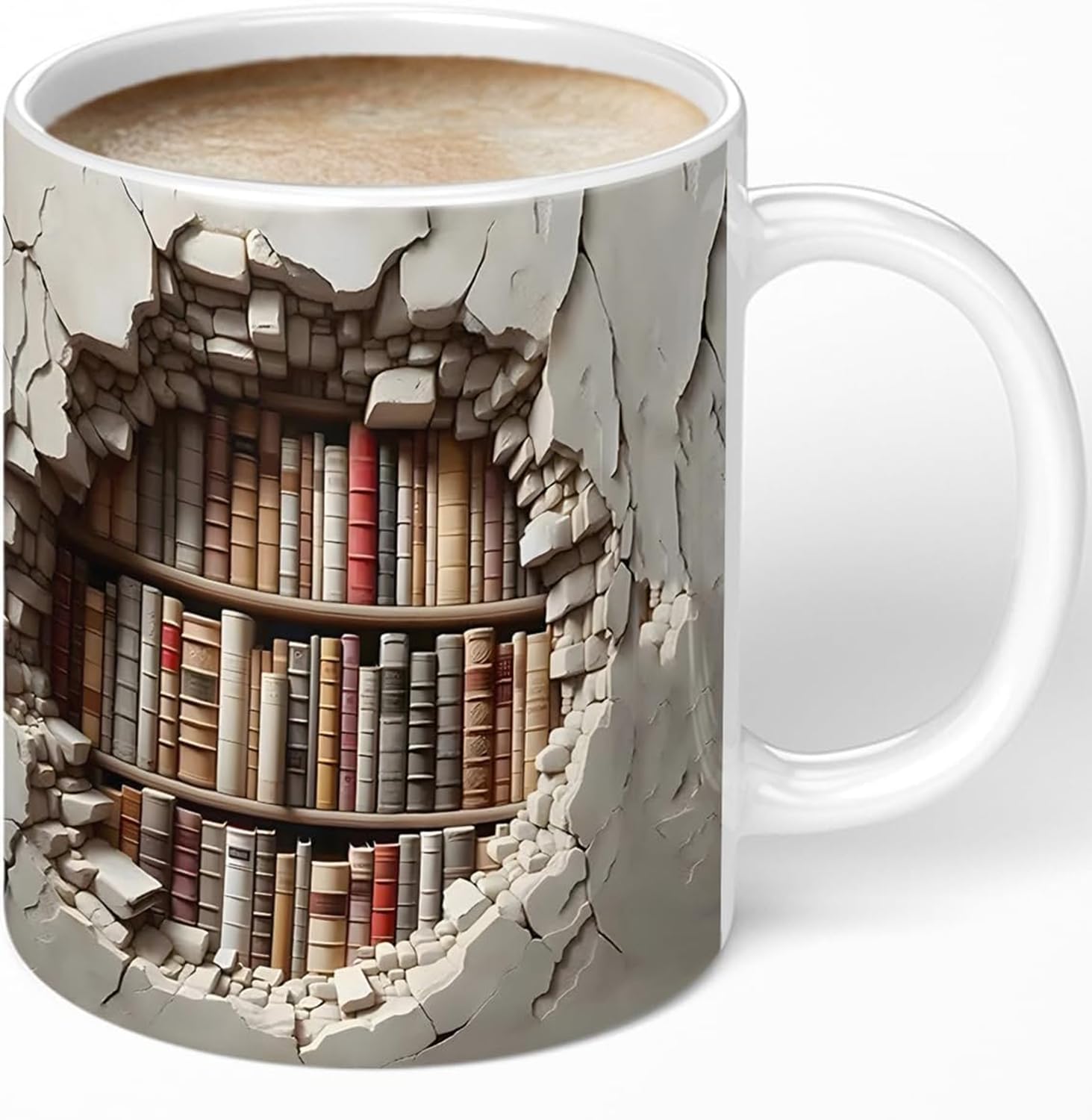 Aigori Library Bookshelf Mug front view with bookcase design for cozy coffee moments.