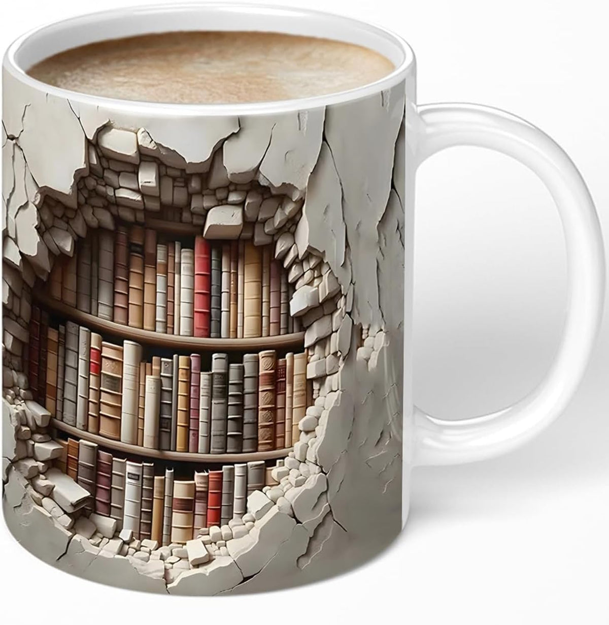Aigori Library Bookshelf Mug front view with bookcase design for cozy coffee moments.
