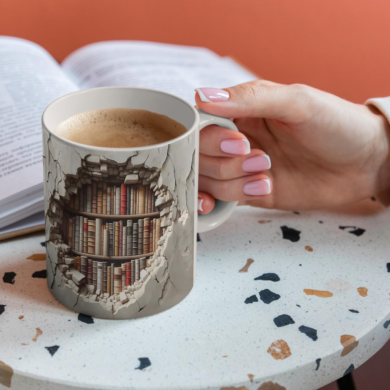 Aigori Library Bookshelf Mug handle closeup emphasizes ergonomic grip.