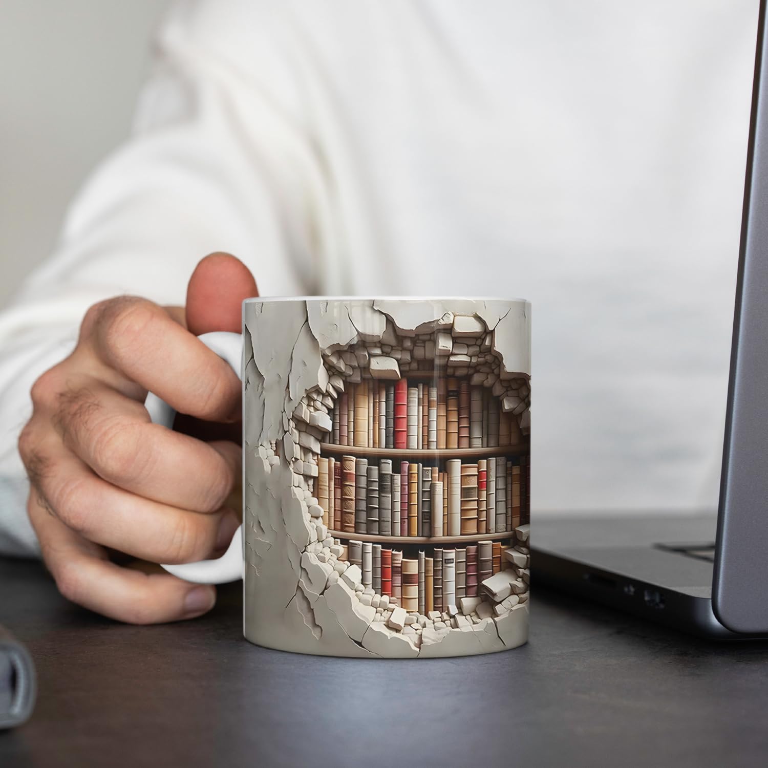 Aigori Library Bookshelf Mug in kitchen scene demonstrates daily use.