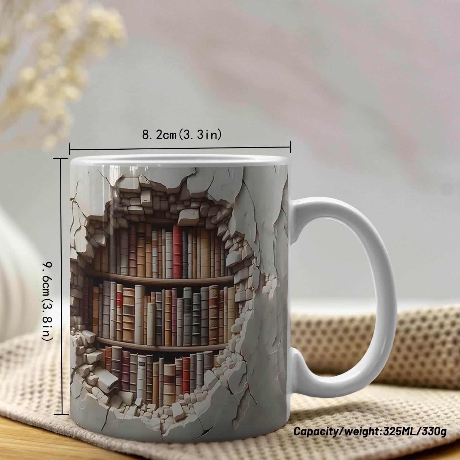 Aigori Library Bookshelf Mug side design highlighting the whimsical bookshelf motif.