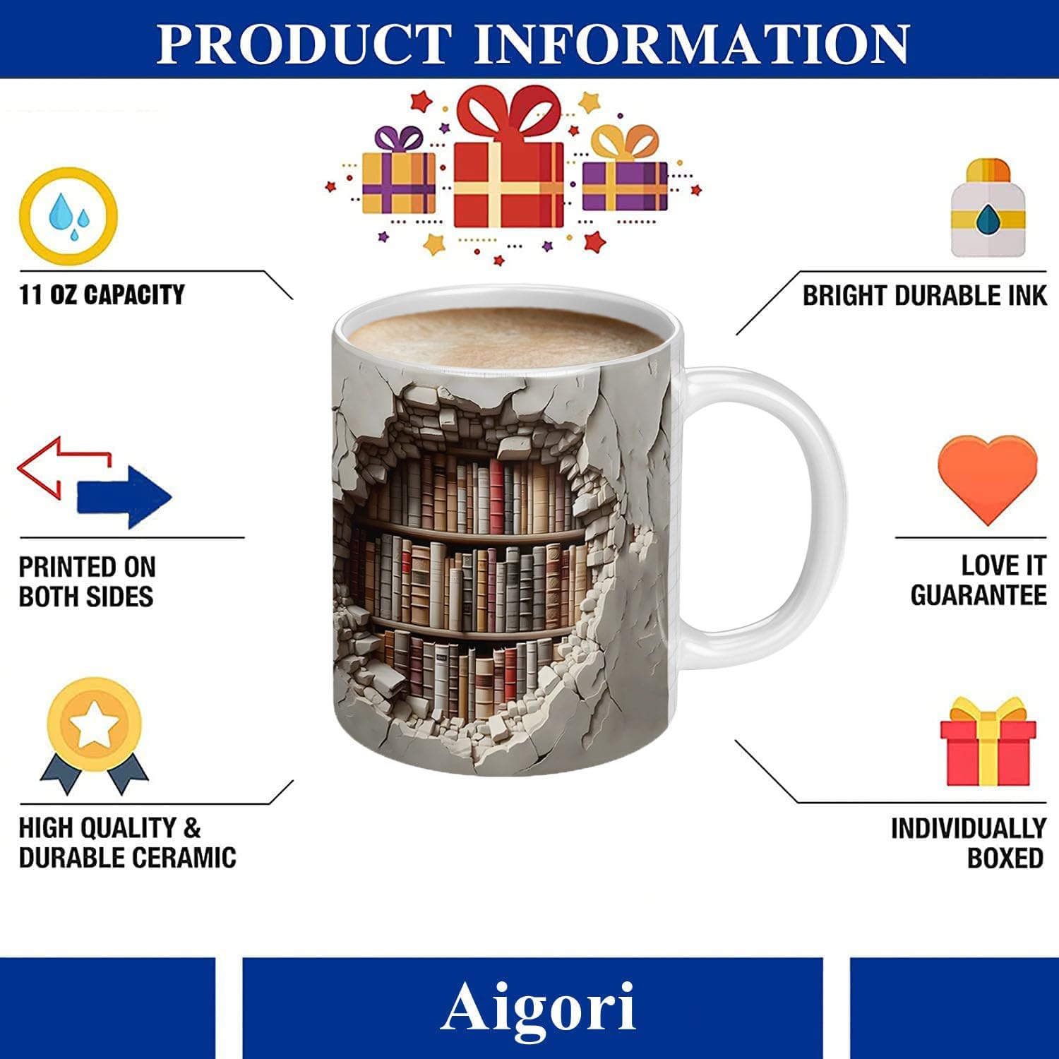 Aigori Library Bookshelf Mug with coffee illustrates everyday enjoyment.