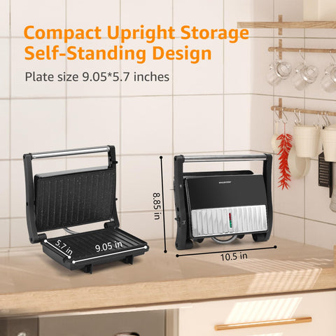 Compact storage solution for Aigostar Panini Press with cord wrap.