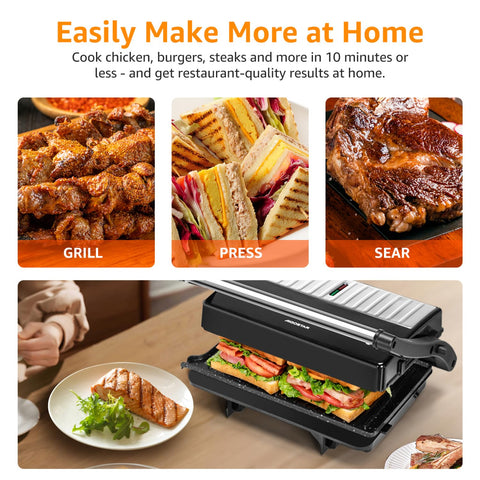 Drip spout on Aigostar panini press catching grease for healthier cooking.