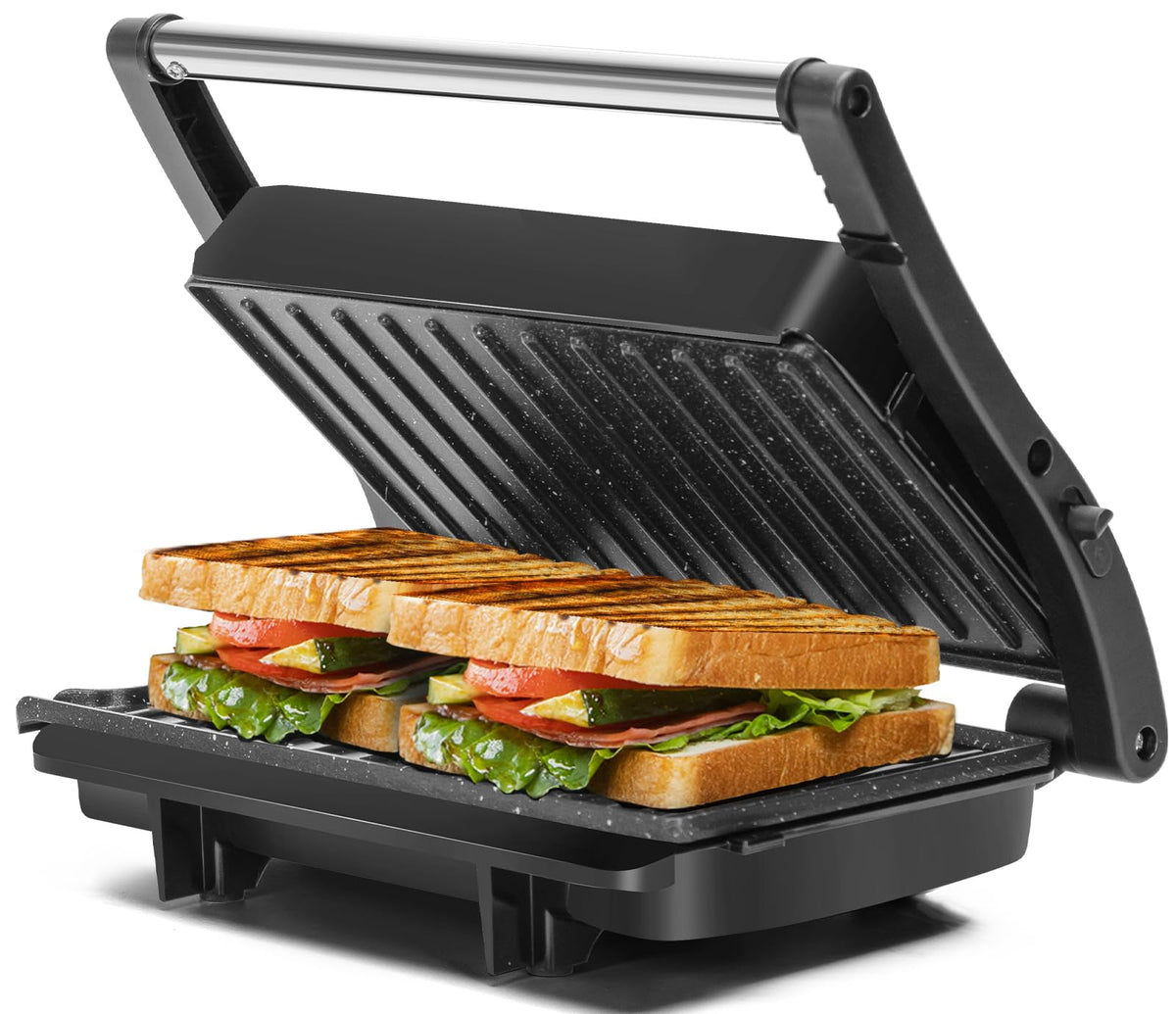 Aigostar Panini Press Grill front view showing compact kitchen-friendly design for quick meals.